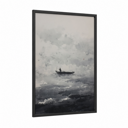 Misty Fisherman framed seascapes and ocean print — black wood frame — gray and white and dove gray palette