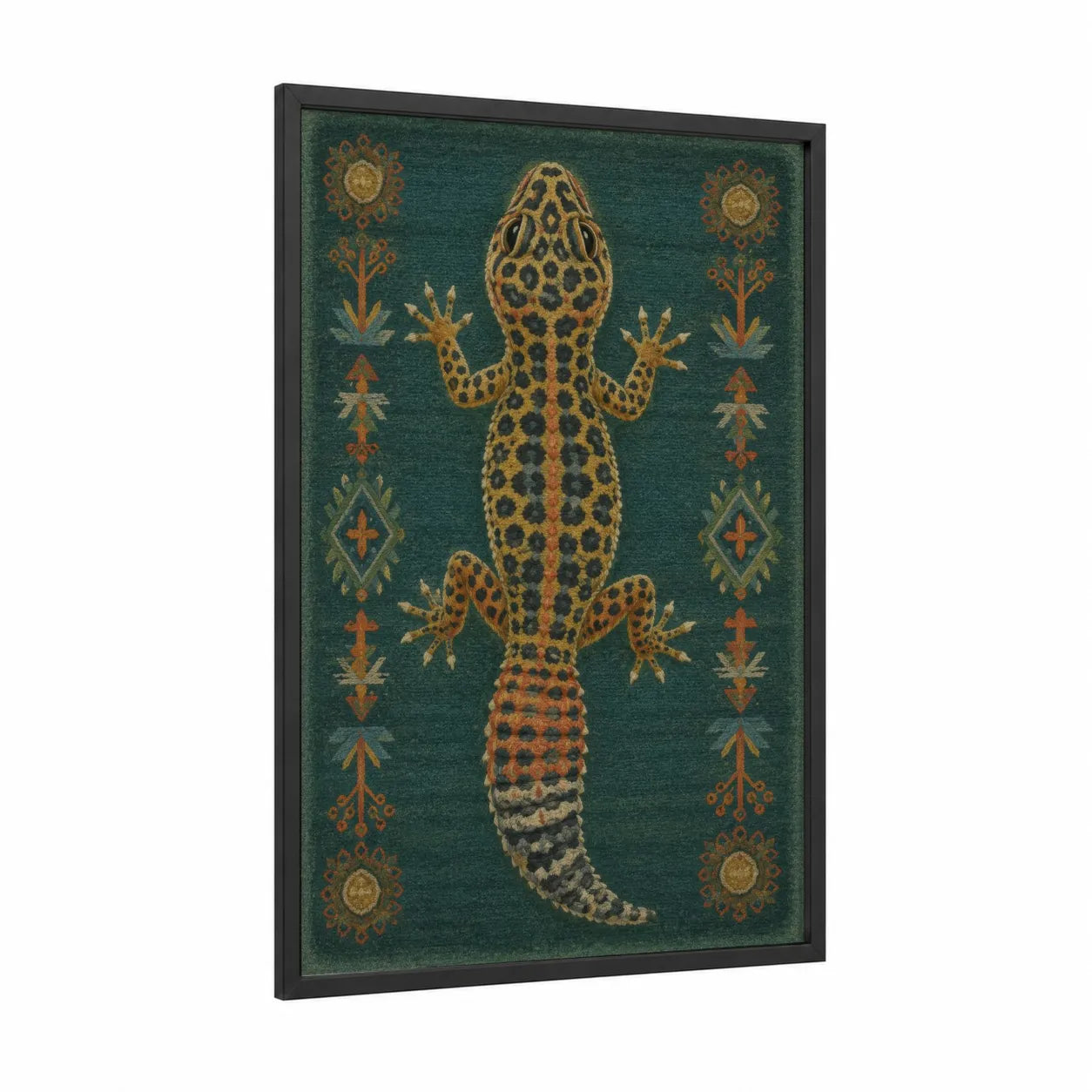 Ornamental Gecko Wall Art framed lizard print — black wood frame — teal and gold palette