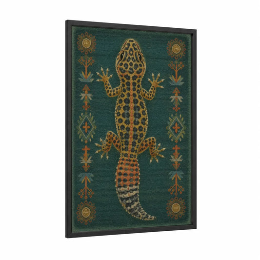 Ornamental Gecko Wall Art framed lizard print — black wood frame — teal and gold palette