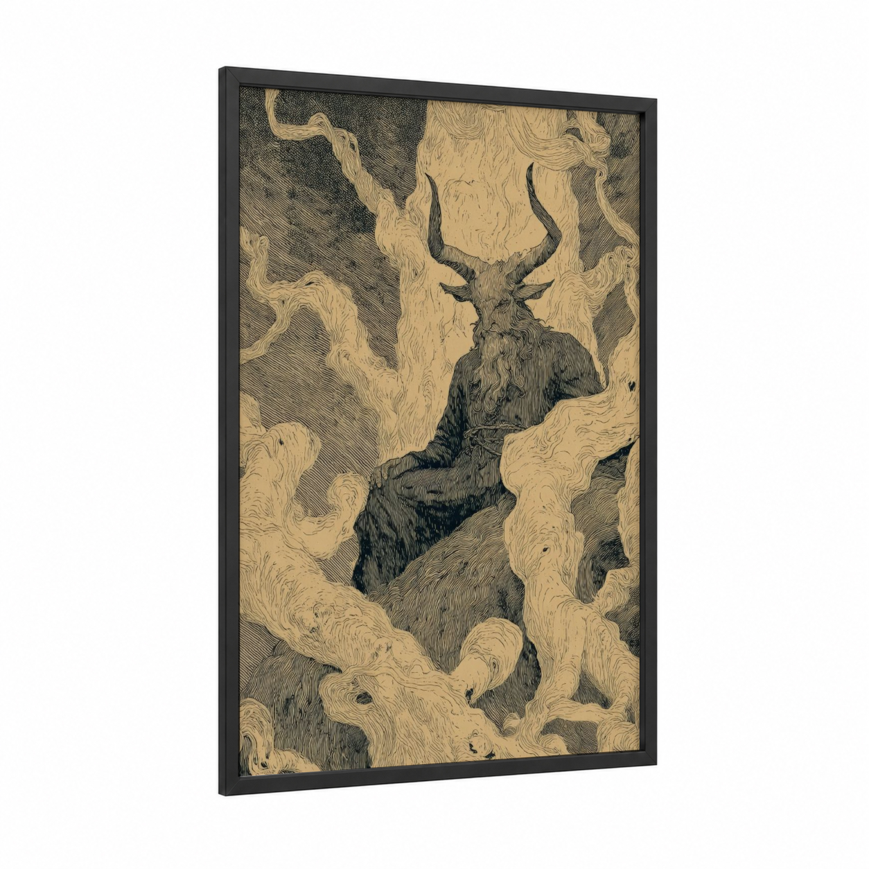 Mystical Horned Guardian framed wiccan print — black wood frame — cream and black palette