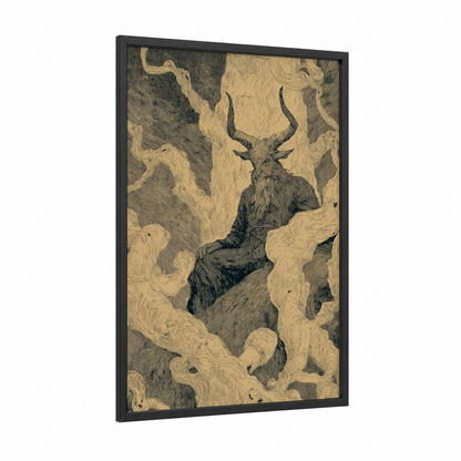 Mystical Horned Guardian framed wiccan print — black wood frame — cream and black palette