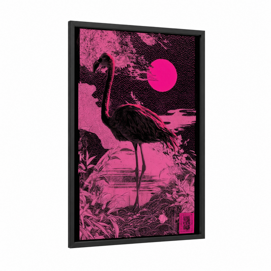 Neon Flamingo framed art print — black wood frame — magenta and black palette
