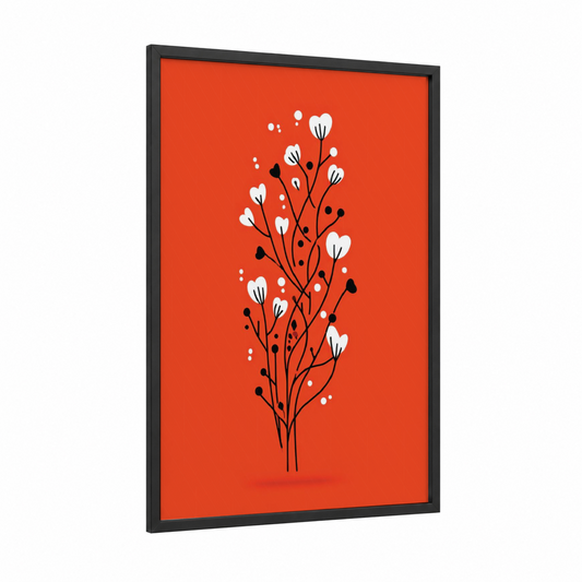 Minimalist Botanical Branch framed abstract flower print — black wood frame — red and black and white palette