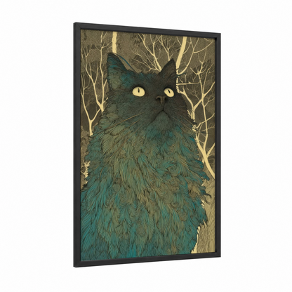 Emerald Forest Cat framed art print — black wood frame — teal and gold palette