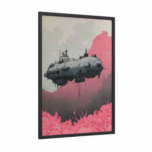 Steampunk Submarine framed art print — black wood frame — pink and gray palette