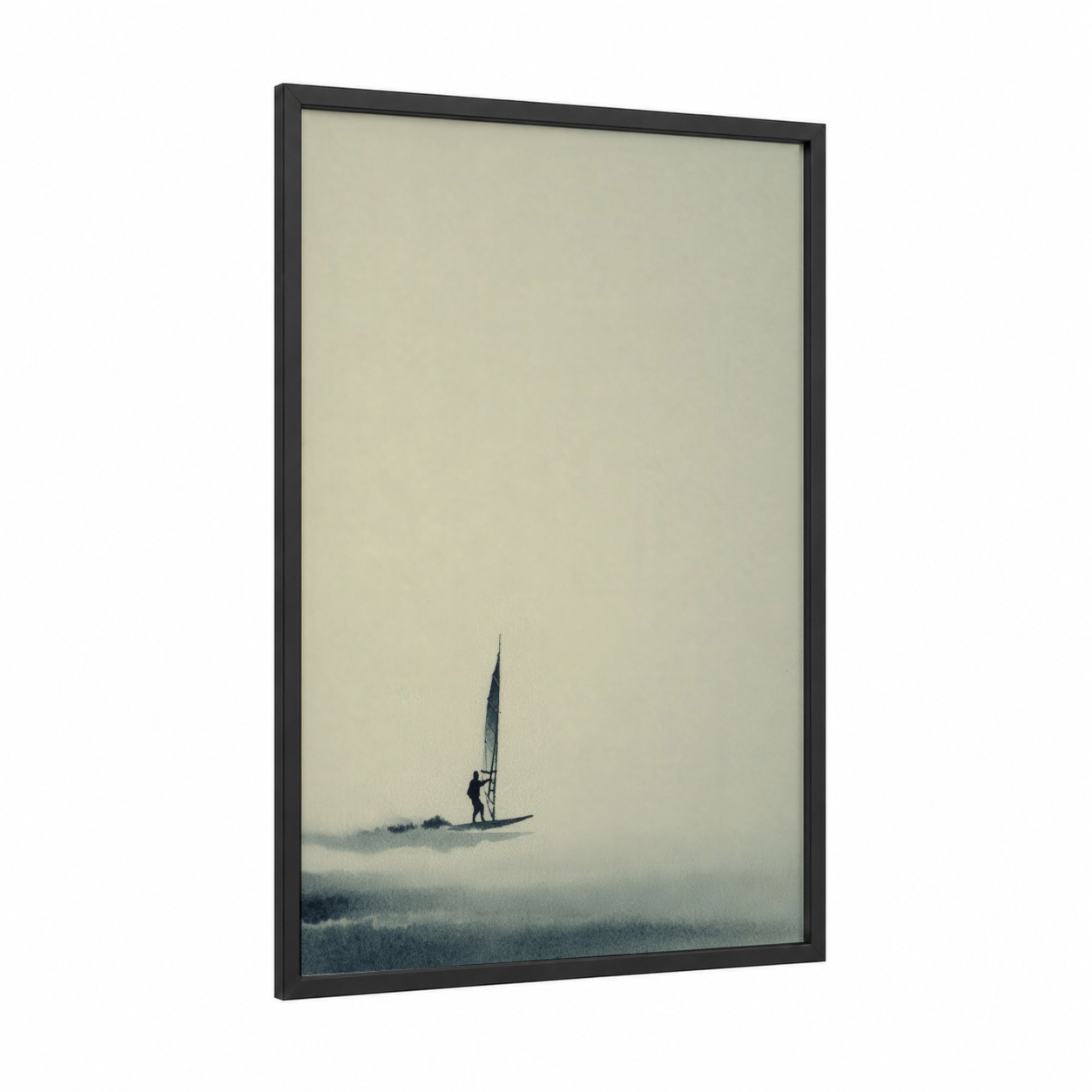 Misty Windsurfer framed windsurfing print — black wood frame — gray and gray and white palette