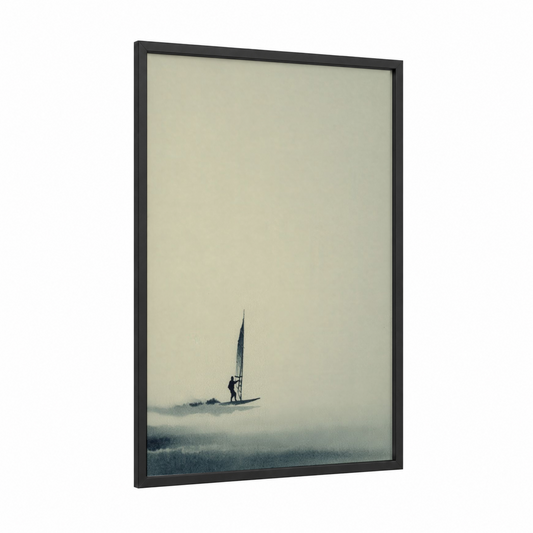 Misty Windsurfer framed windsurfing print — black wood frame — gray and gray and white palette