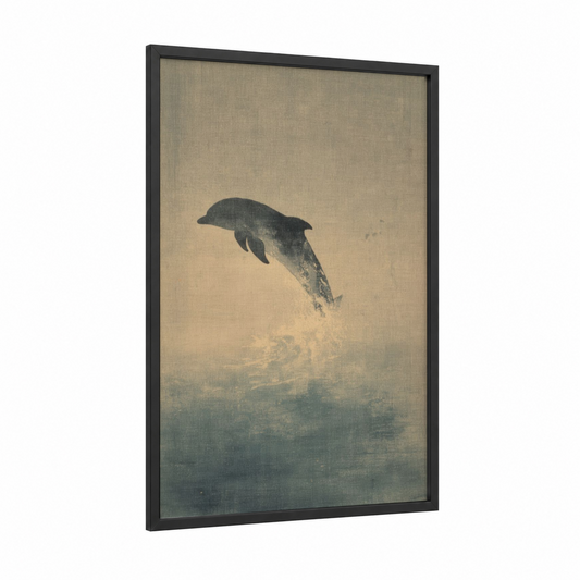 Leaping Dolphin framed dolphins print — black wood frame — cream and dove gray palette