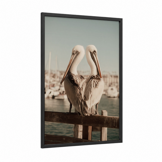Harbor Pelicans framed art print — black wood frame — cream and dove gray palette