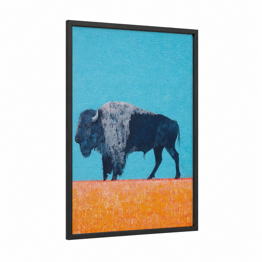Turquoise Bison framed art print — black wood frame — turquoise and orange palette