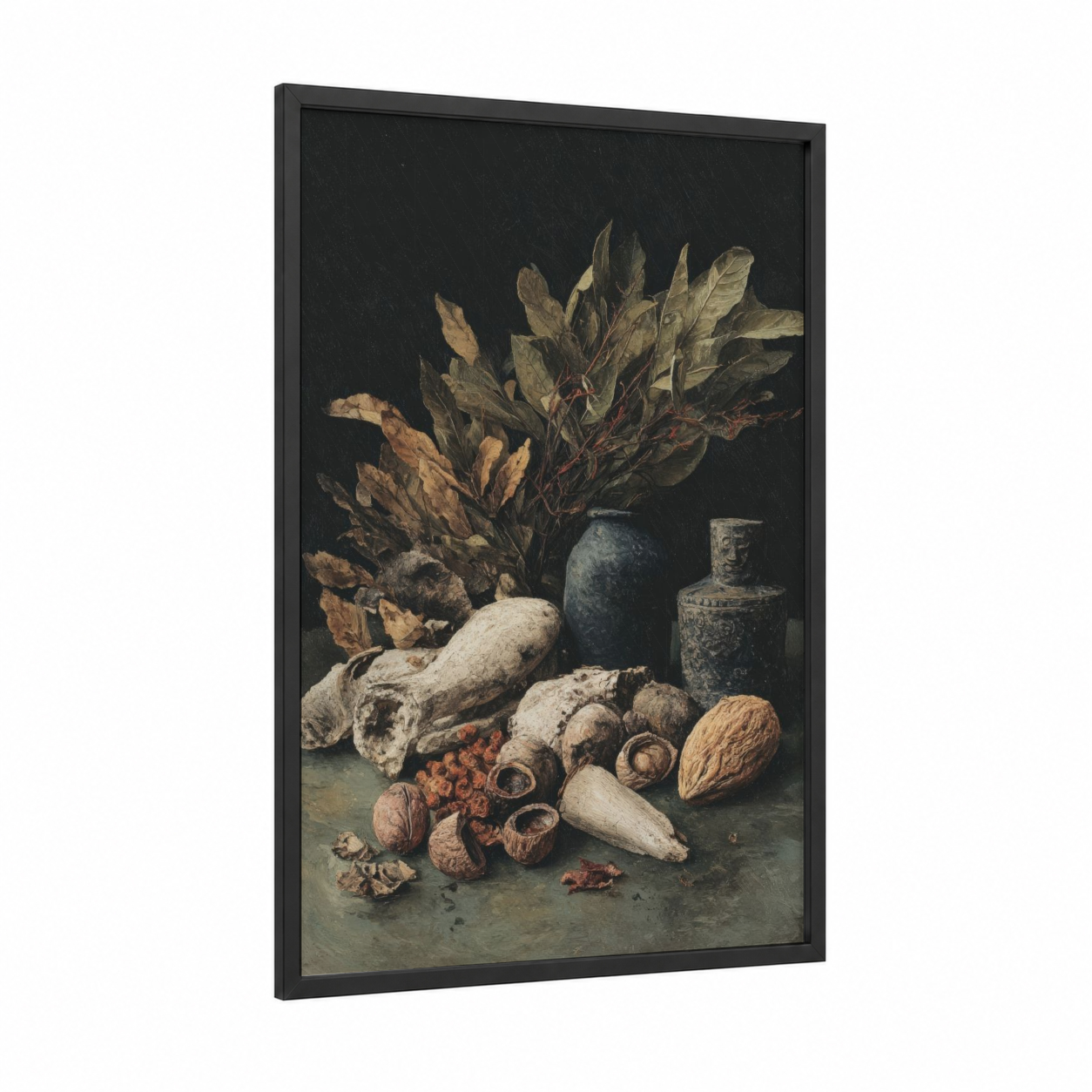 Dried Banyan Botanical framed banyan tree print — black wood frame — black and gold palette