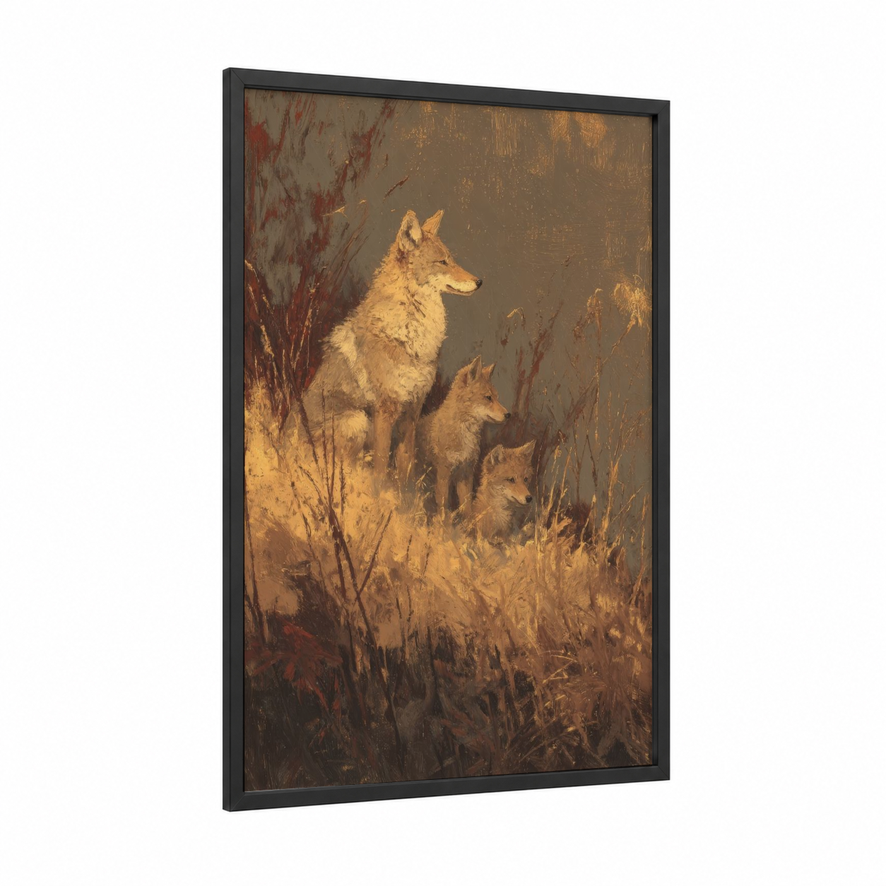Golden Coyote Pack framed art print — black wood frame — gold and russet palette