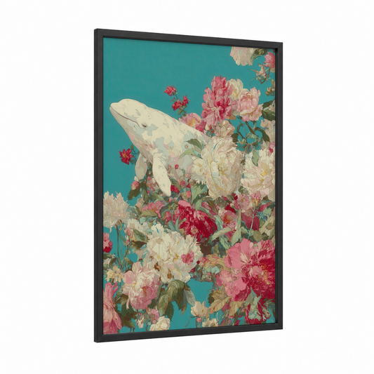 Floral Beluga framed beluga whale print — black wood frame — teal and pink palette