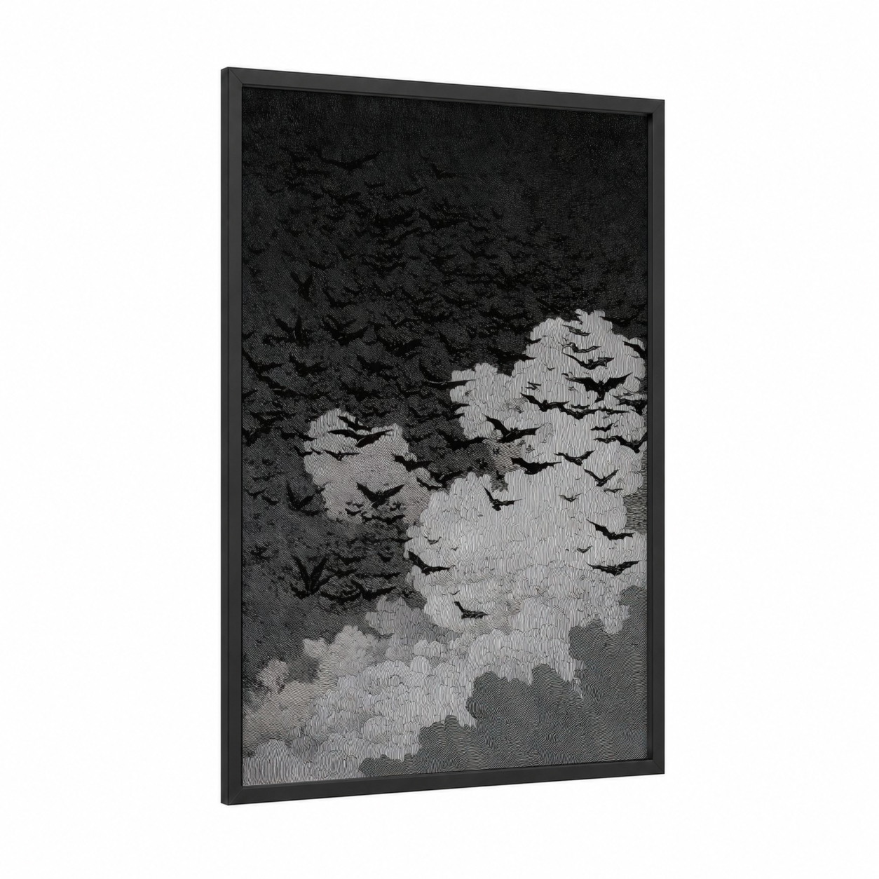 Spooky Bat Flight framed halloween print — black wood frame — black and white and gray palette