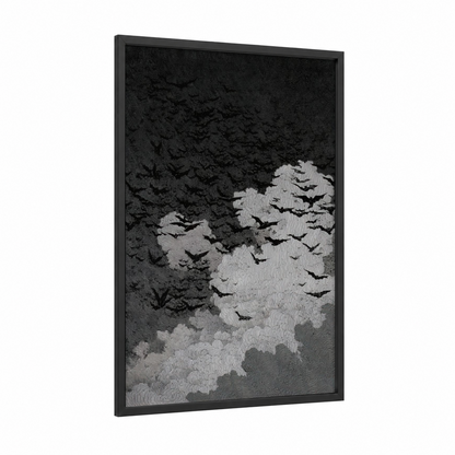 Spooky Bat Flight framed halloween print — black wood frame — black and white and gray palette