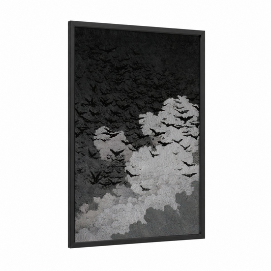 Spooky Bat Flight framed halloween print — black wood frame — black and white and gray palette