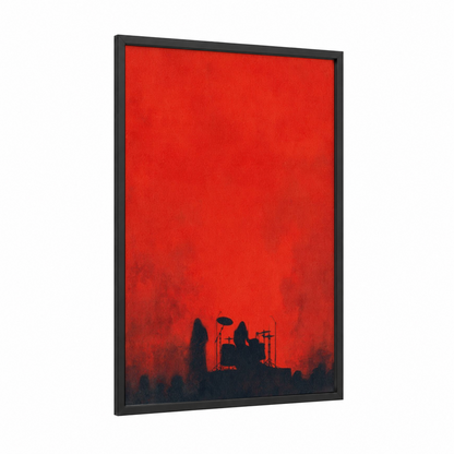Crimson Stage Silhouette framed death metal print — black wood frame — red and black palette