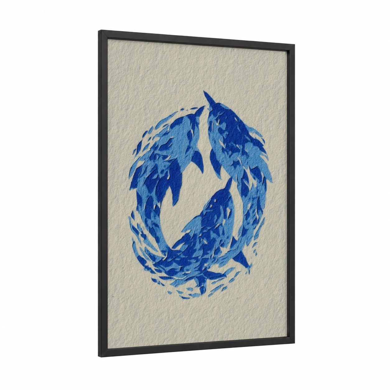 Spiral Narwhal framed art print — black wood frame — blue and cream palette