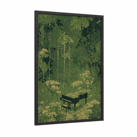Forest Piano framed art print — black wood frame — green and yellow gold palette