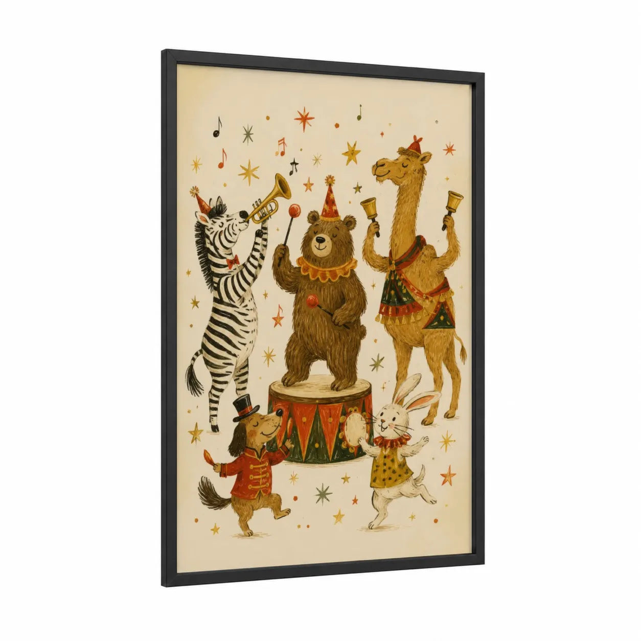 Festive Animal Orchestra Wall Art framed zebra print — black wood frame — cream and gold palette