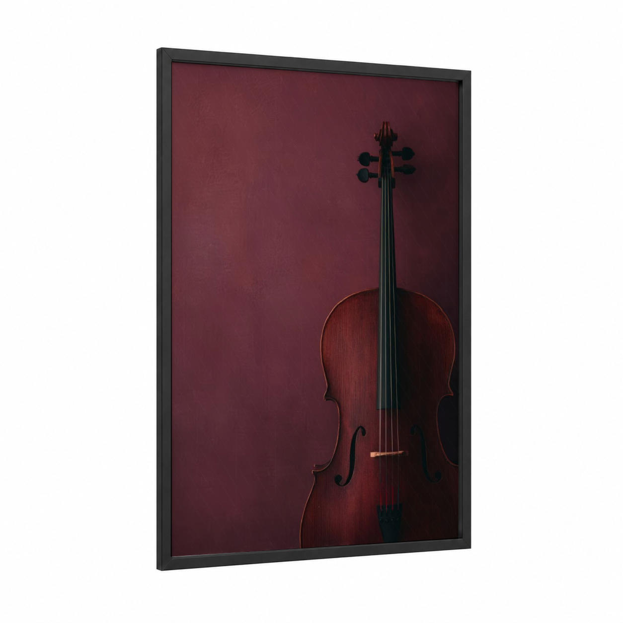 Crimson Cello framed art print — black wood frame — maroon and brown palette