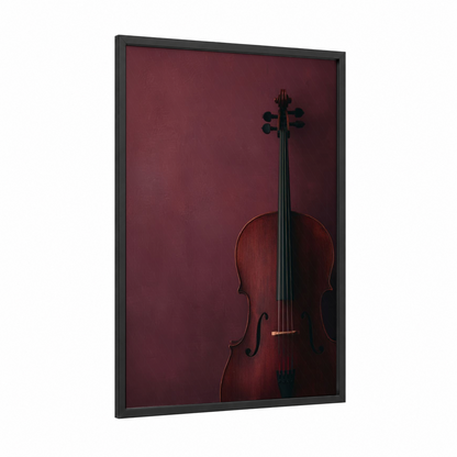 Crimson Cello framed art print — black wood frame — maroon and brown palette