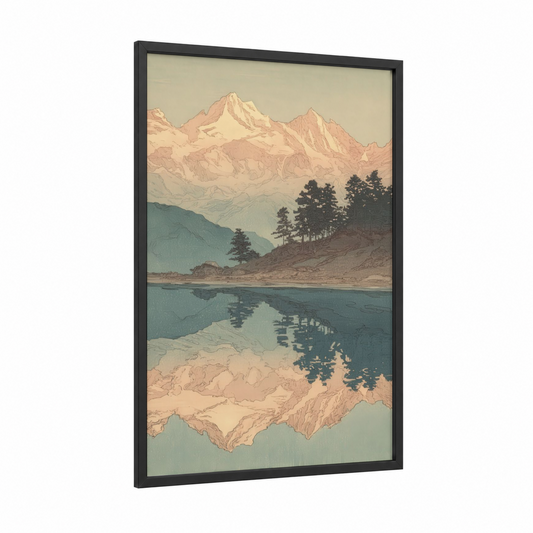 Alpine Reflection framed alps print — black wood frame — cream and bermuda gray palette