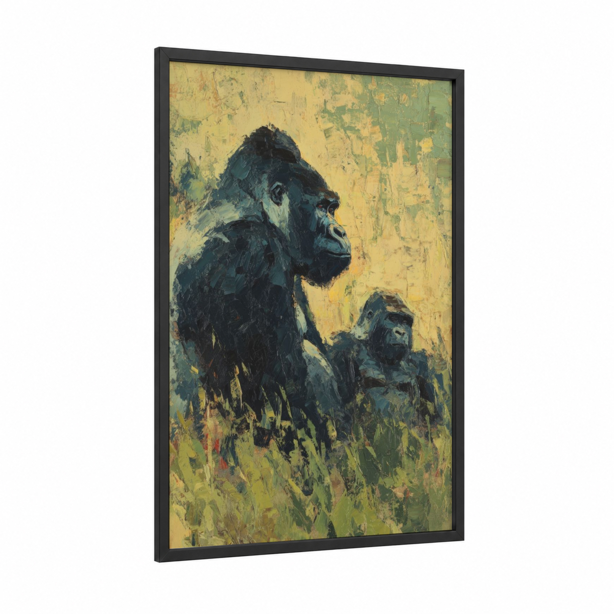 Protective Gorilla framed art print — black wood frame — gold and teal palette