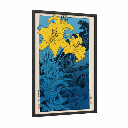 Golden Amaryllis framed amarillys print — black wood frame — yellow gold and blue palette