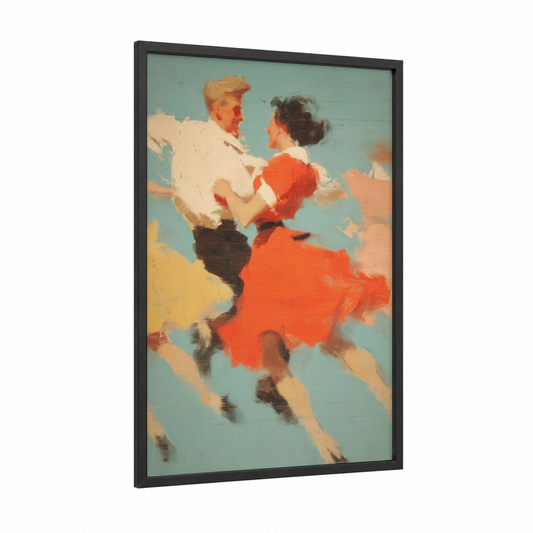 Retro Swing Dance framed art print — black wood frame — red and turquoise palette