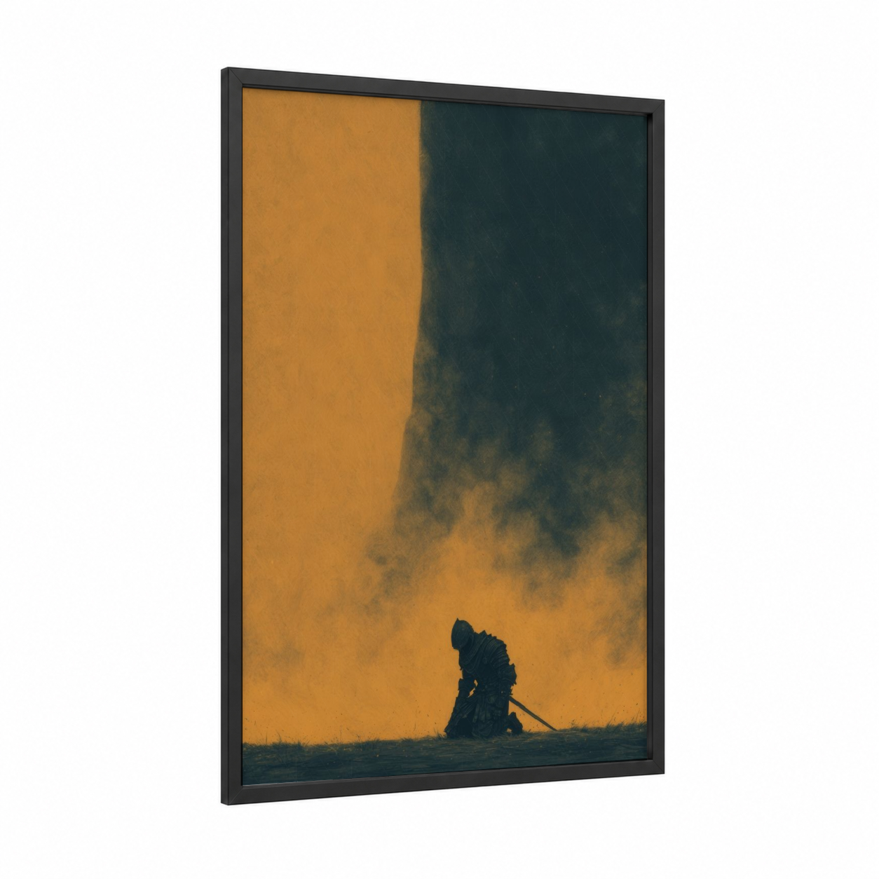Solitary Wanderer framed dark fantasy print — black wood frame — gold and dark green palette
