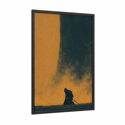 Solitary Wanderer framed dark fantasy print — black wood frame — gold and dark green palette