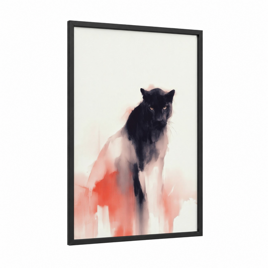 Crimson Panther framed art print — black wood frame — black and white and salmon pink palette