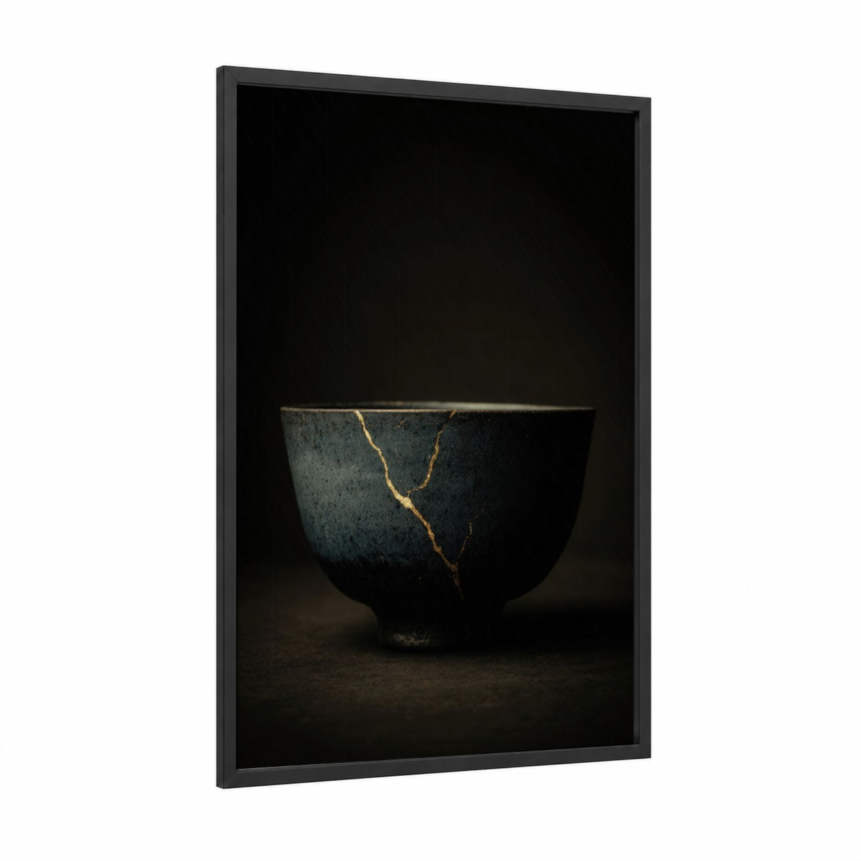 Kintsugi Bowl framed pottery print — black wood frame — black and gold palette