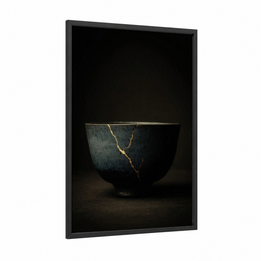 Kintsugi Bowl framed pottery print — black wood frame — black and gold palette