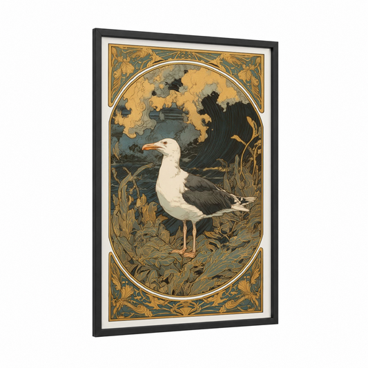 Coastal Seagull framed art print — black wood frame — gold and dark blue palette