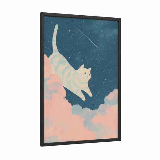 Celestial Cat framed space print — black wood frame — blue and pink palette