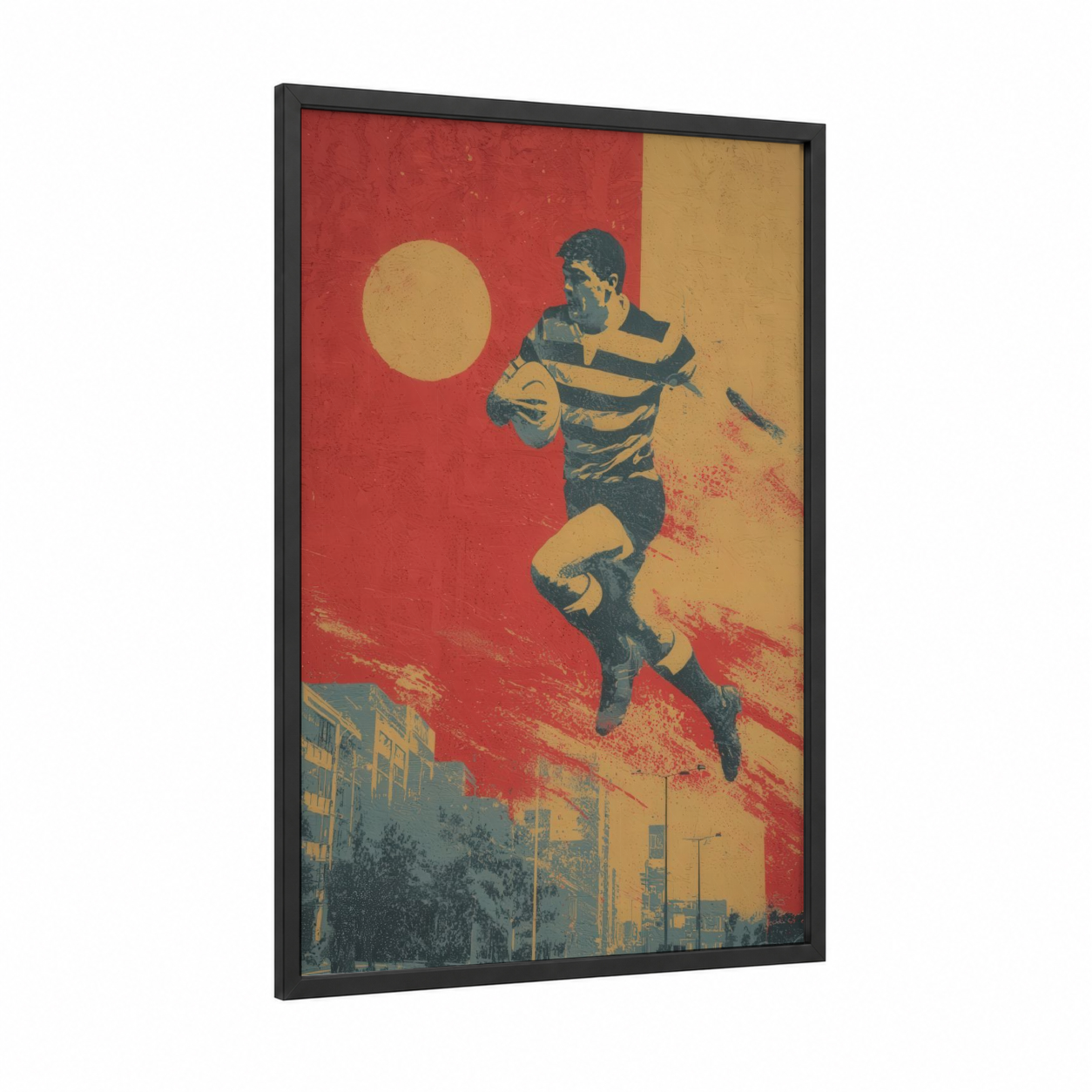 Vintage Rugby Player framed art print — black wood frame — red and gold palette