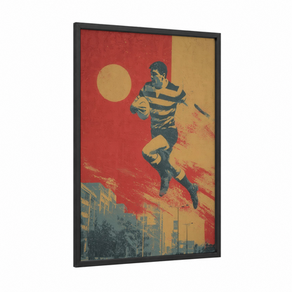 Vintage Rugby Player framed art print — black wood frame — red and gold palette