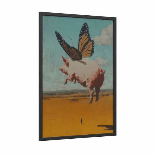 Surreal Pig Flight framed art print — black wood frame — teal and gold palette