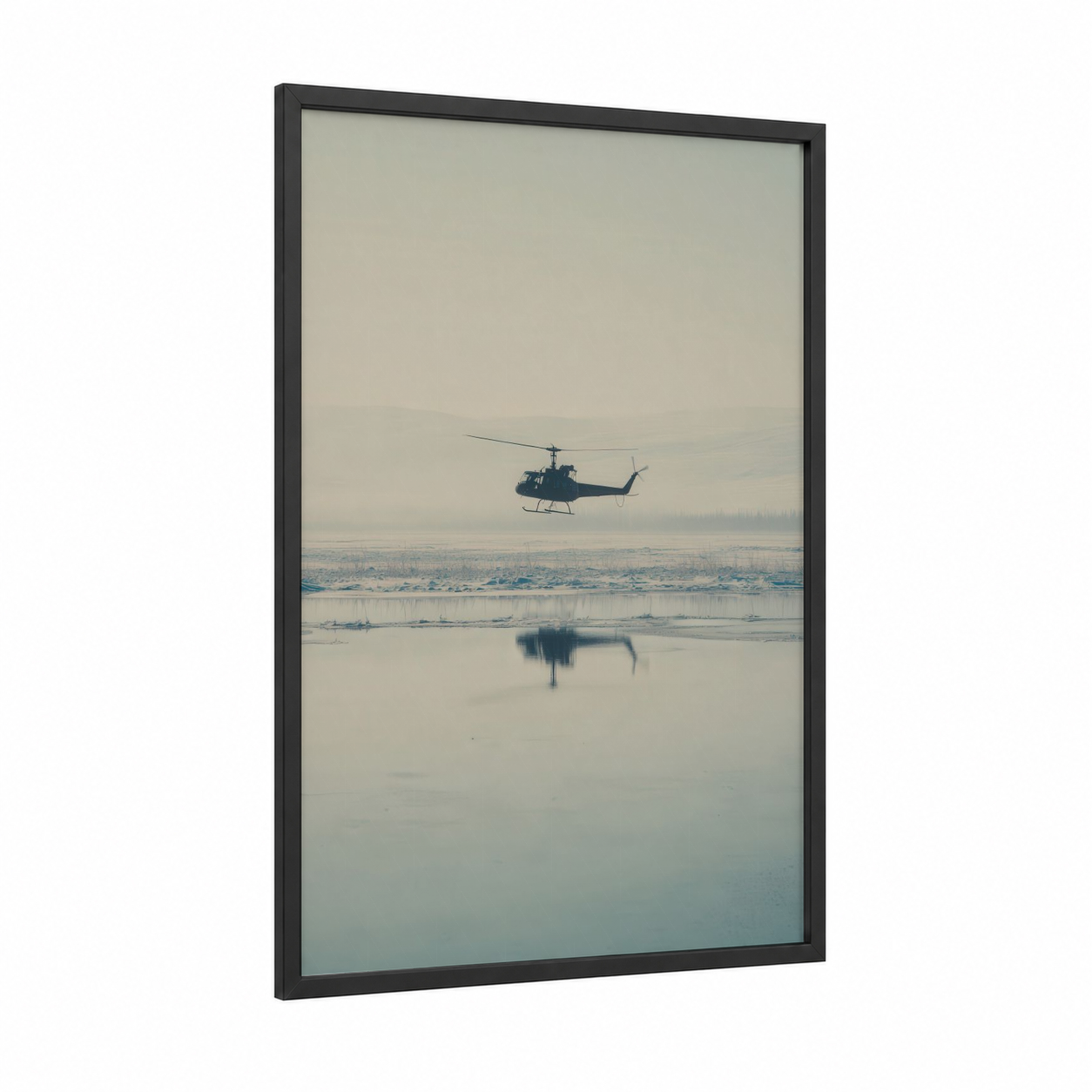 Misty Helicopter framed art print — black wood frame — gray and blue and white palette