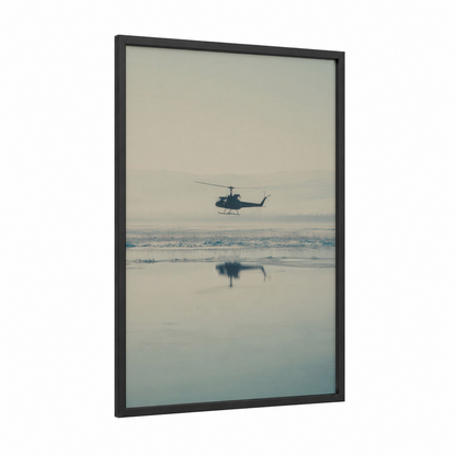 Misty Helicopter framed art print — black wood frame — gray and blue and white palette