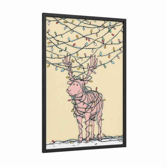 Pink Reindeer Ornaments framed christmas print — black wood frame — cream and pink palette