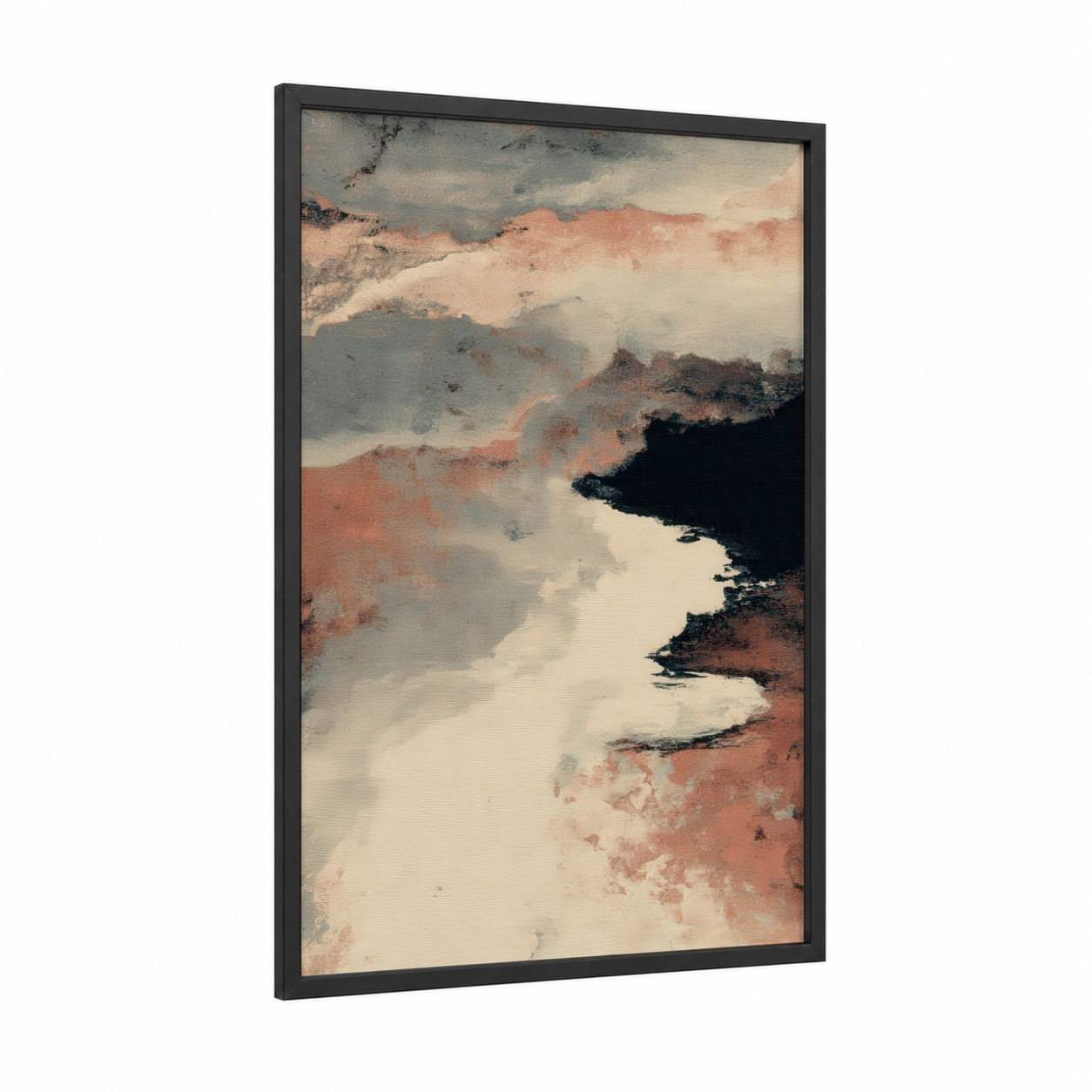 Terracotta Waterways framed natural stones print — black wood frame — peach and gray palette