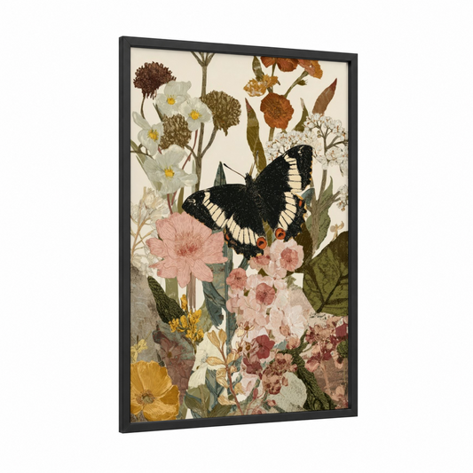 Swallowtail Spring framed art print — black wood frame — cream and rose gold palette
