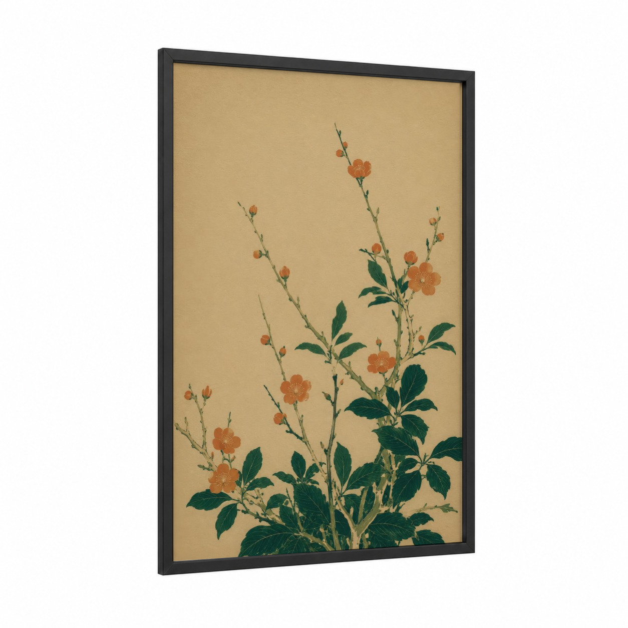 Japanese Botanical Floral Wall Art framed flower print — black wood frame — peach and beige palette
