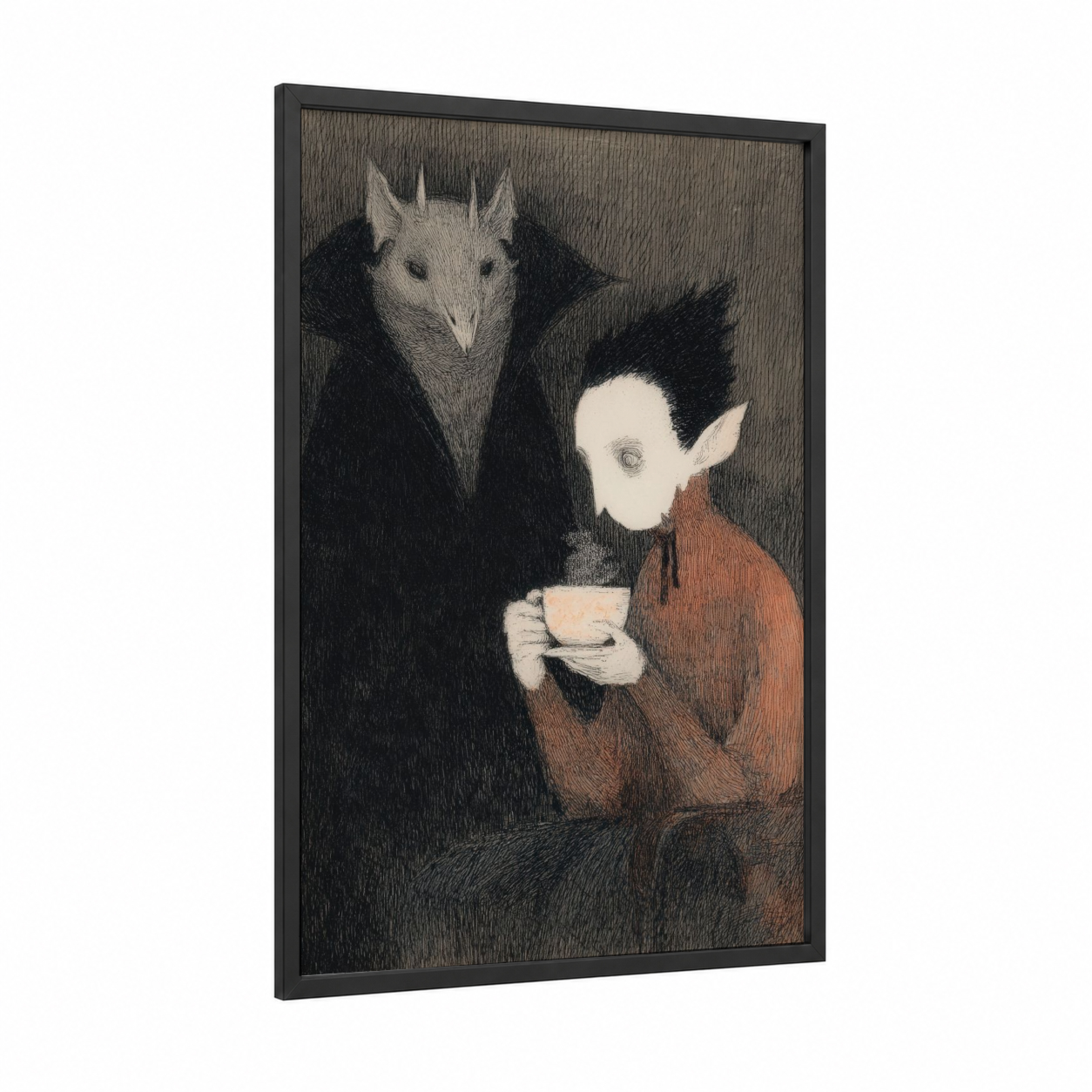 Elegant Vampire Tea framed art print — black wood frame — black and white and russet palette