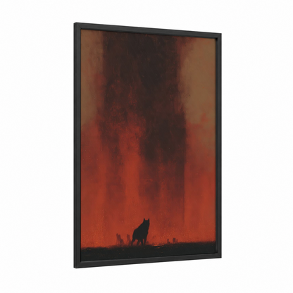 Infernal Cerberus framed art print — black wood frame — red and black and red palette
