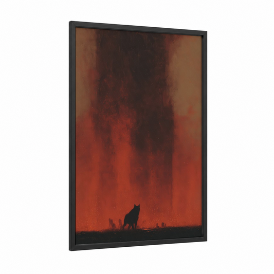 Infernal Cerberus framed art print — black wood frame — red and black and red palette