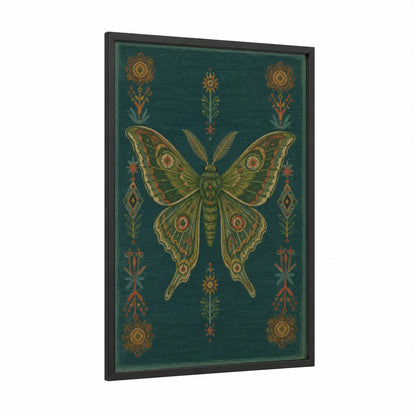 Art Deco Butterfly Decorative Wall Art framed art print — black wood frame — dark green and gold palette